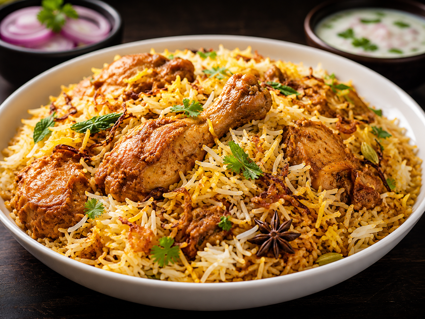 Chicken Biryani — Fragrant short-grain rice layered with spiced chicken, slow-dum cooked.