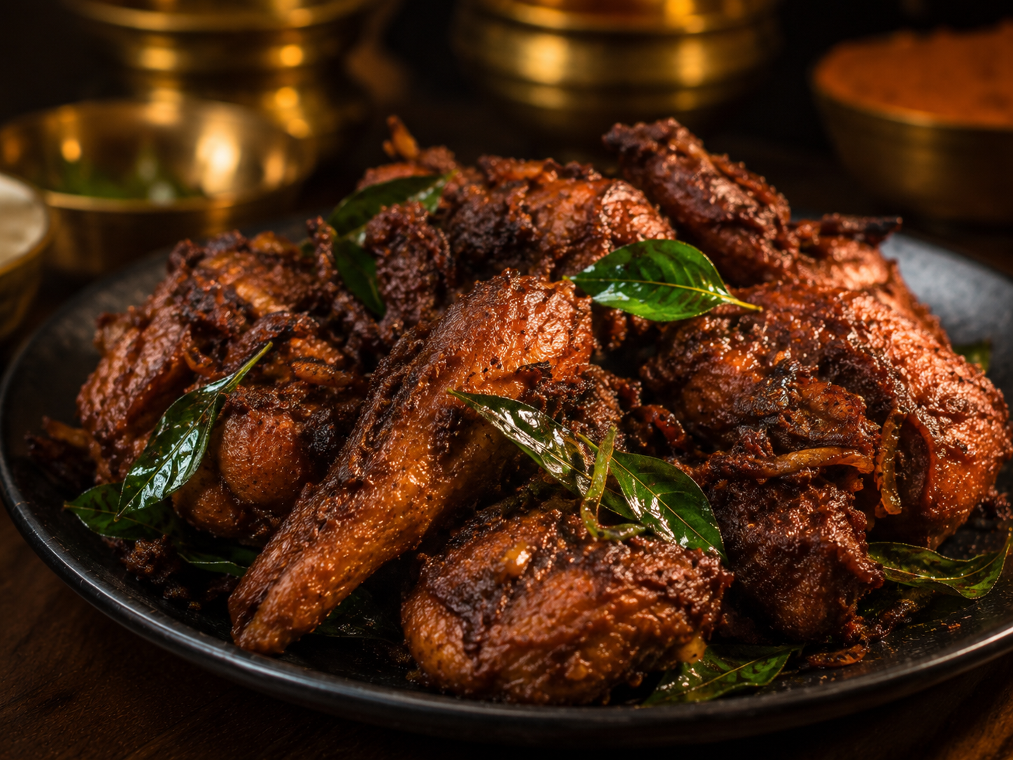 Chicken Roast — Country-style chicken roasted with curry leaves and Kerala spices.