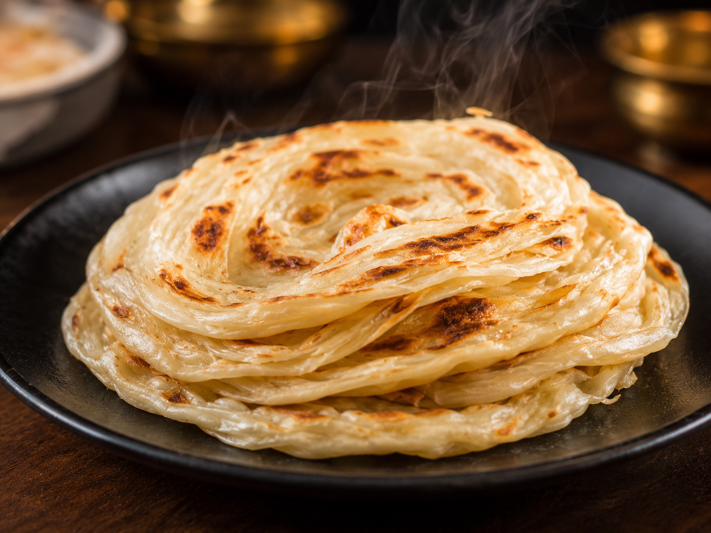 Kerala Porotta — Flaky, layered flatbread made fresh to order — the classic pairing for roast.