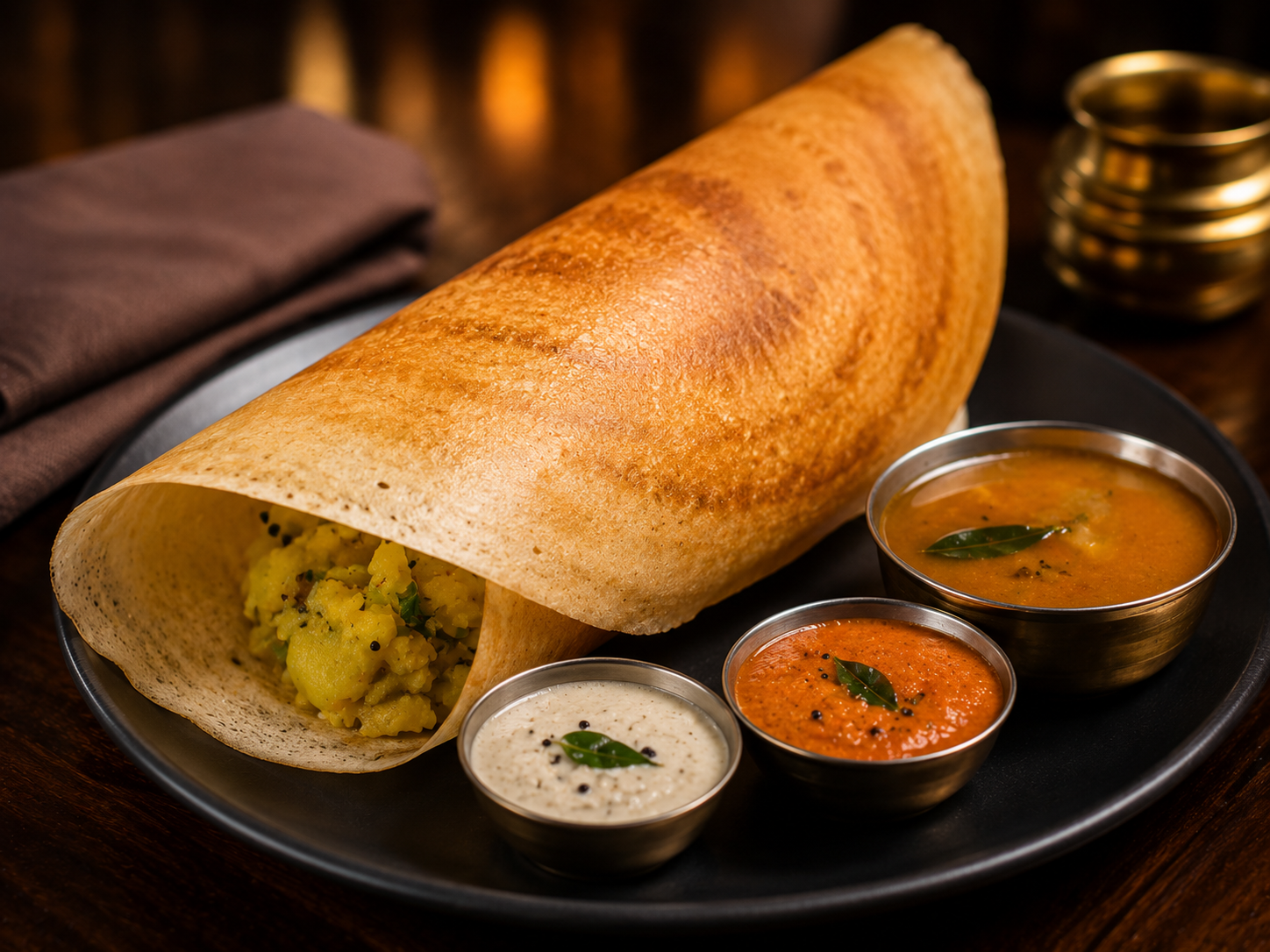 Masala Dosa — Crisp golden rice crepe filled with spiced potato masala, served with chutney and sambar.