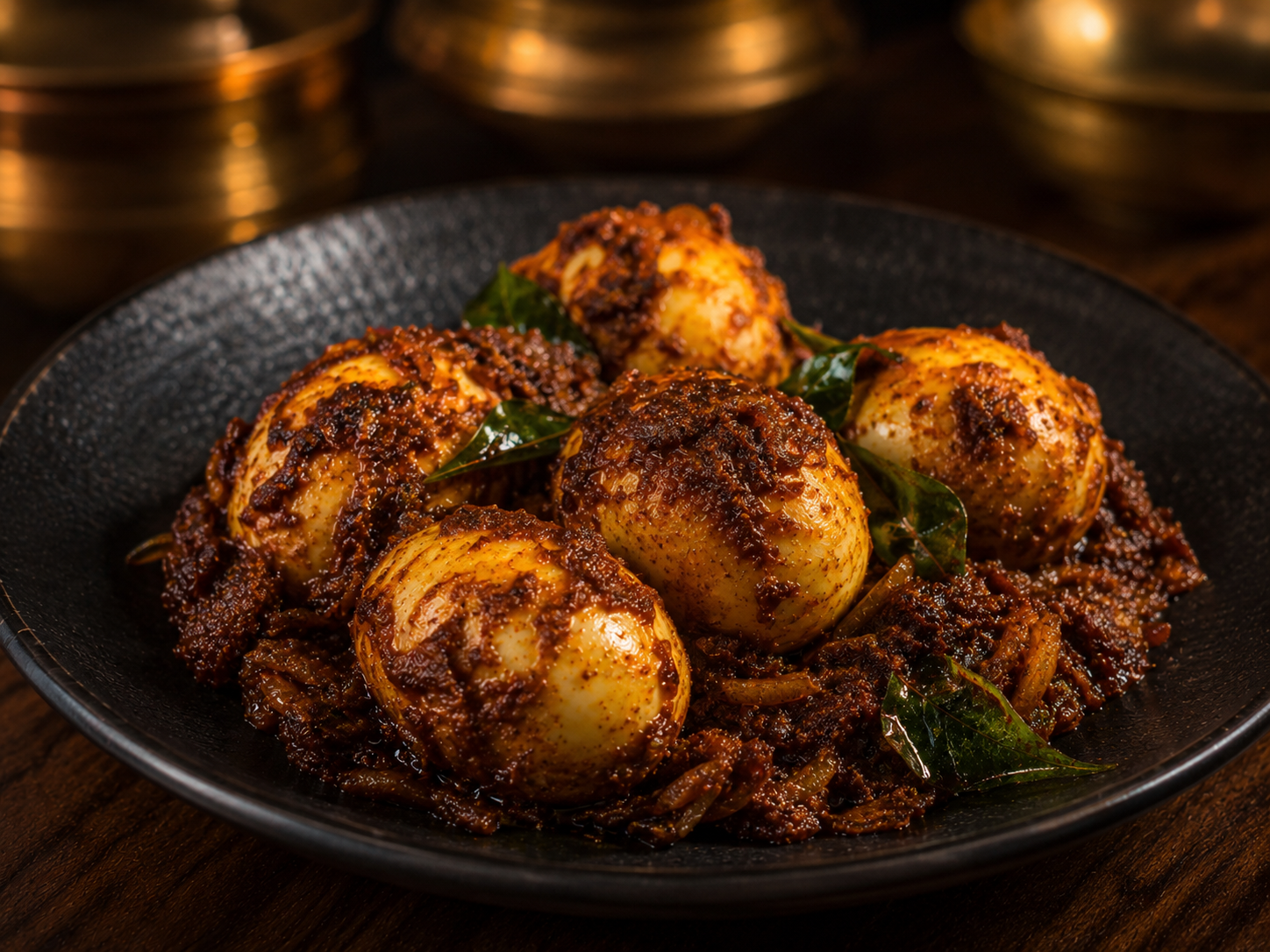 Mutta Roast — Boiled eggs simmered in a rich onion-tomato masala, a home-style favourite.